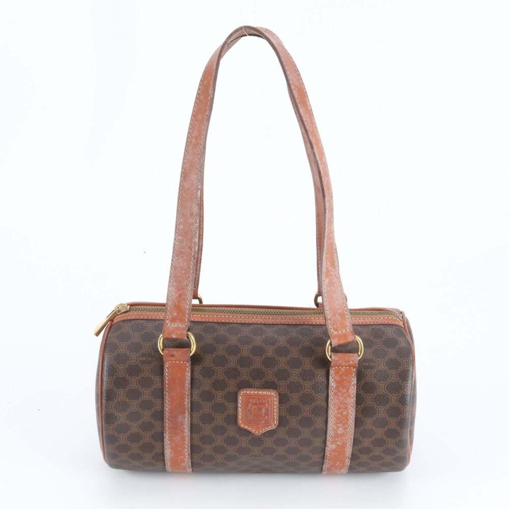 Celine Macadam Mini Boston Leather Handbag Tote Bag, Brown, Women's